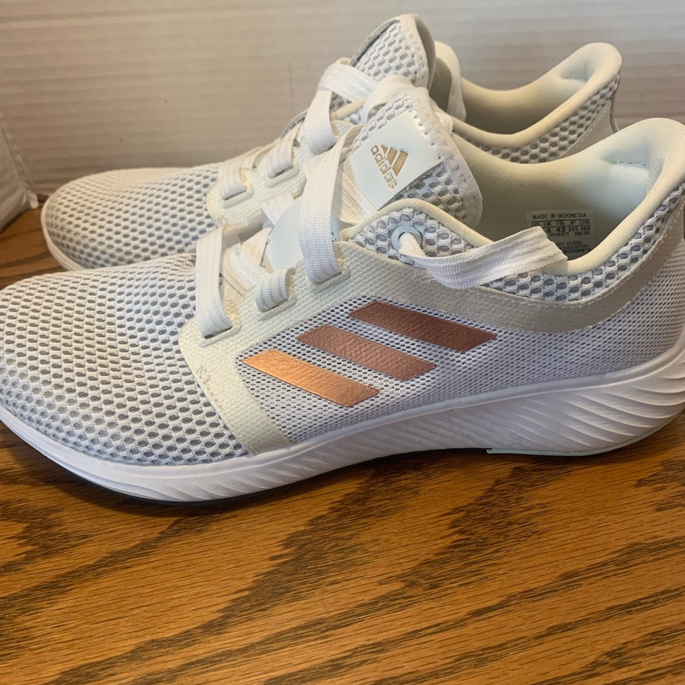 adidas White Mesh Sneakers with Metallic Rose Stripes edge lux 3 Running clean